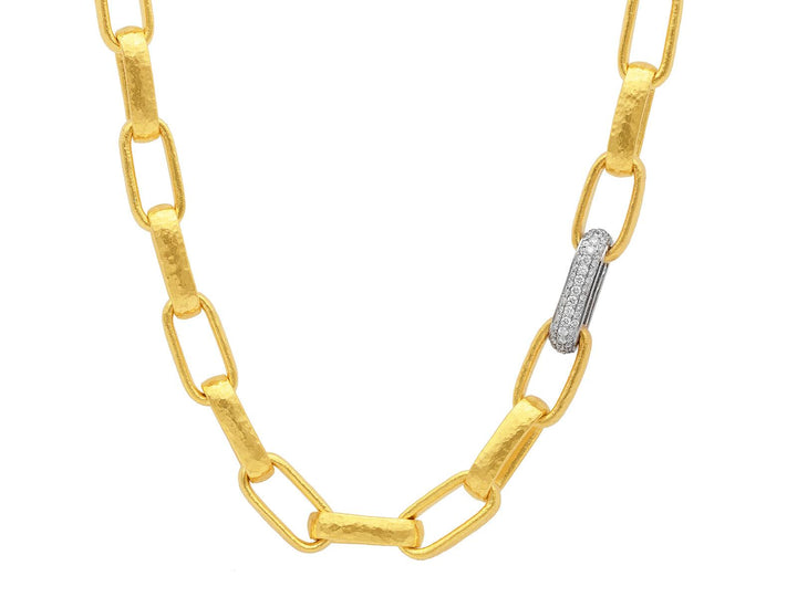 24K Yellow Gold Hoopla Link Chain with Pave Diamond Link