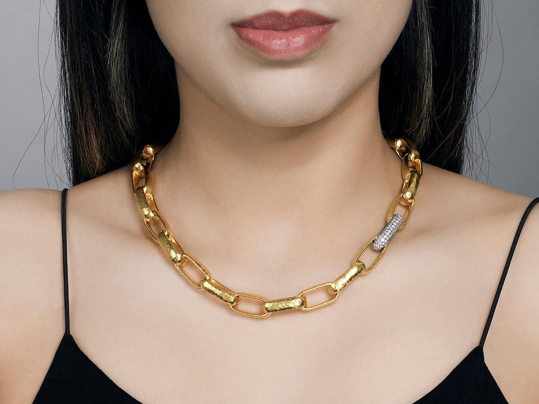 24K Yellow Gold Hoopla Link Chain with Pave Diamond Link