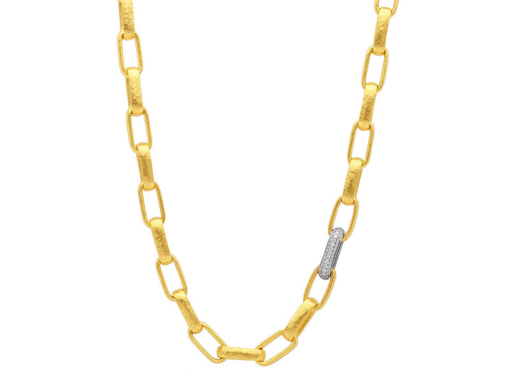 24K Yellow Gold Hoopla Link Chain with Pave Diamond Link