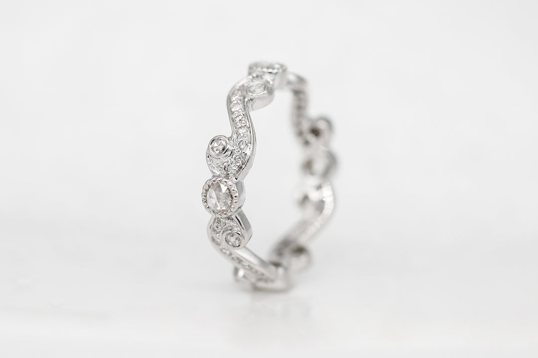 18K White Gold Scroll Rose Cut and Brilliant Cut White Diamond Band