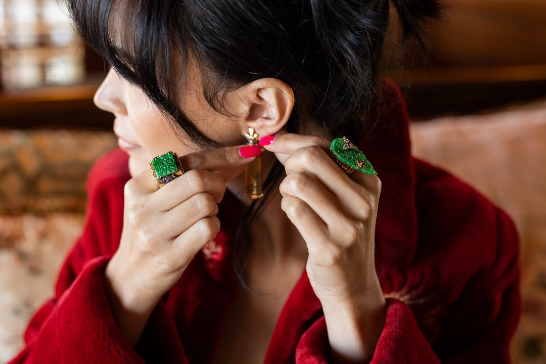 18K Yellow Gold & Carved Jade Ring with Diamonds and Rubies