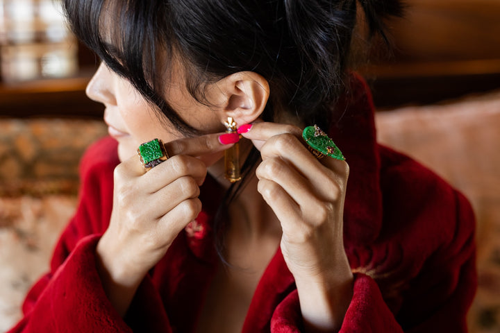 18K Yellow Gold & Carved Jade Ring with Diamonds and Rubies