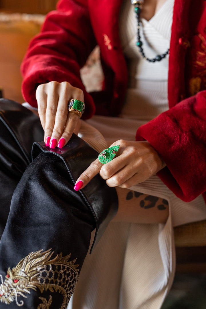 Carved Burmese Jade Bamboo Ring with Pink Tourmaline & Diamonds
