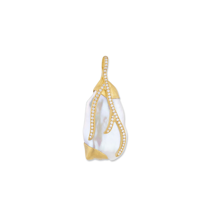 24K Yellow Gold "Lydia" Freshwater Keshi Pearl Diamond Pendant