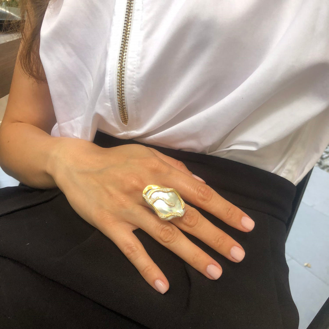 22K Yellow Gold "Lydia" Baroque Pearl and Diamond Ring