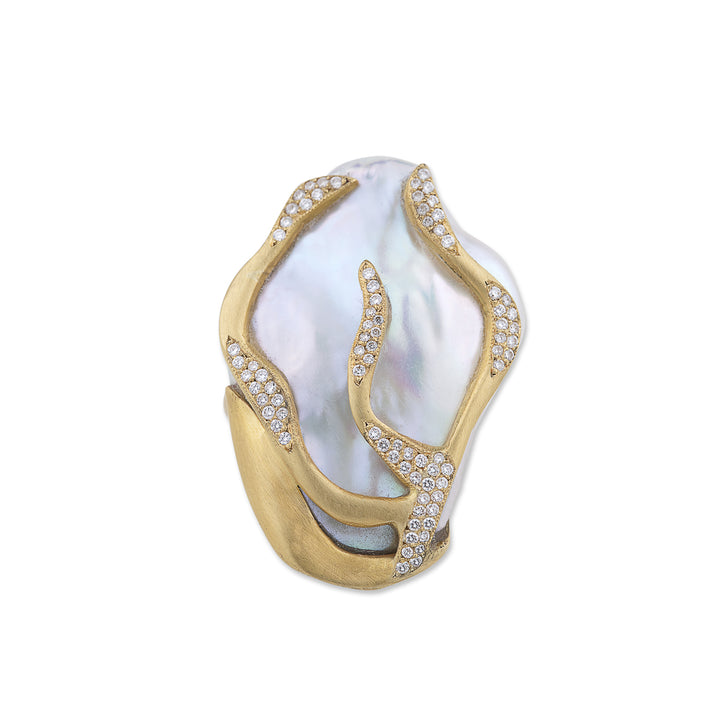 22K Yellow Gold "Lydia" Baroque Pearl and Diamond Ring