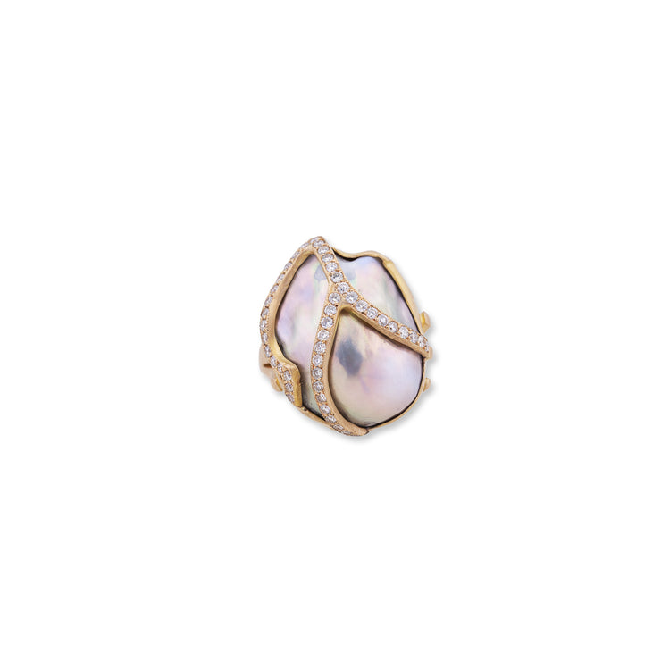 22K Rose Gold Peach Glow "Lydia" Freshwater Baroque Pearl Diamond Ring