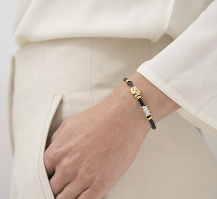 Leather Bracelet with gold & silver elements, silver lobster claw clasp