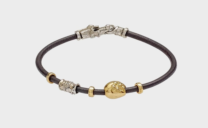 Leather Bracelet with gold & silver elements, silver lobster claw clasp
