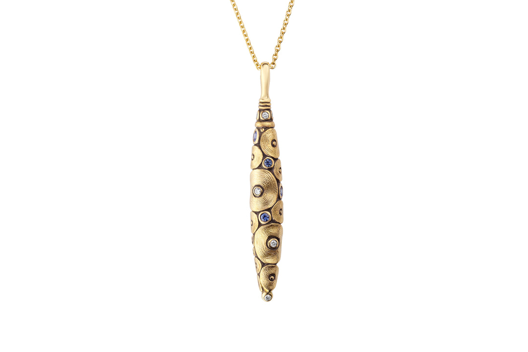 18K Yellow Gold "Shark" Pendant Necklace with Round Brilliant Cut Diamonds & Sapphires
