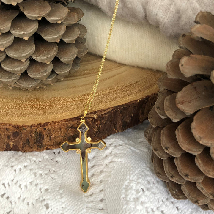 24K Yellow Gold "My World" Aquaprase Cross and Diamond Necklace