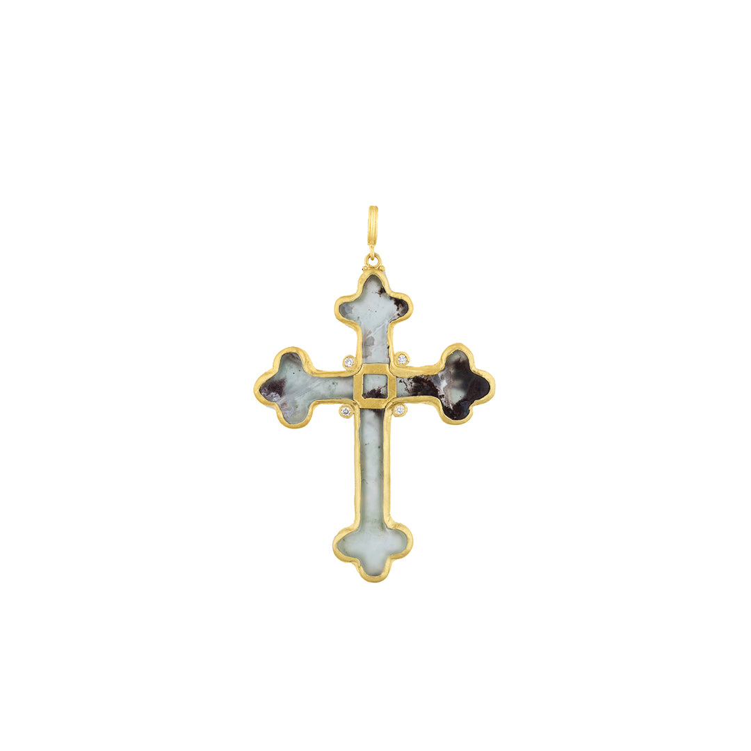 24K Yellow Gold "My World" Aquaprase Cross and Diamond Necklace