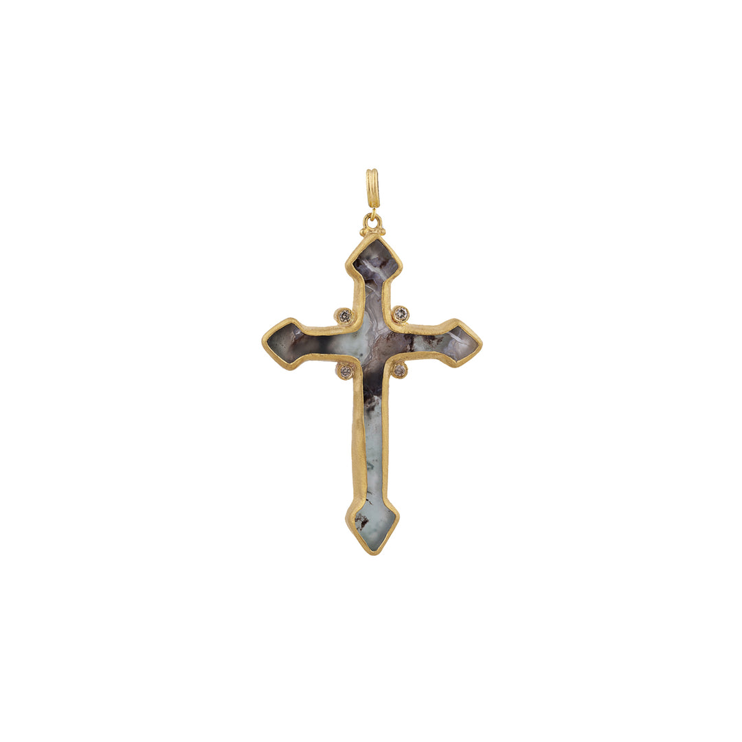 24K Yellow Gold "My World" Aquaprase Cross and Diamond Necklace