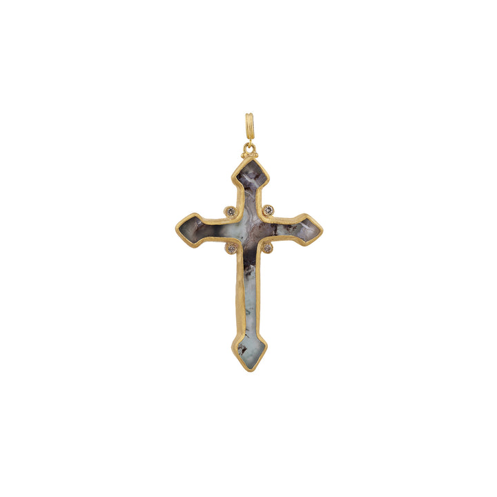 24K Yellow Gold "My World" Aquaprase Cross and Diamond Necklace