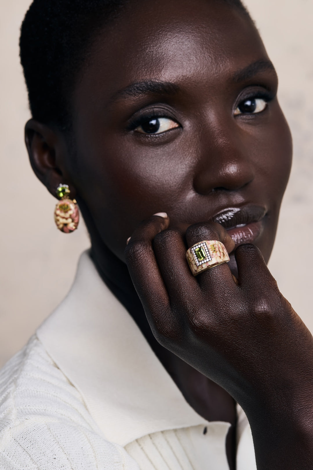 Marquerty  & 18K Yellow Gold Ring with Lotus Flower Print, Peridot and Diamonds