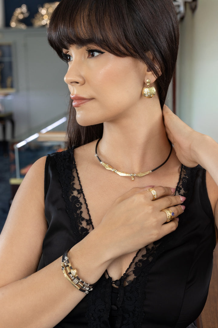 18K Yellow Gold and Sterling Silver Leather Necklace with Hammered Gold Diamond Stations