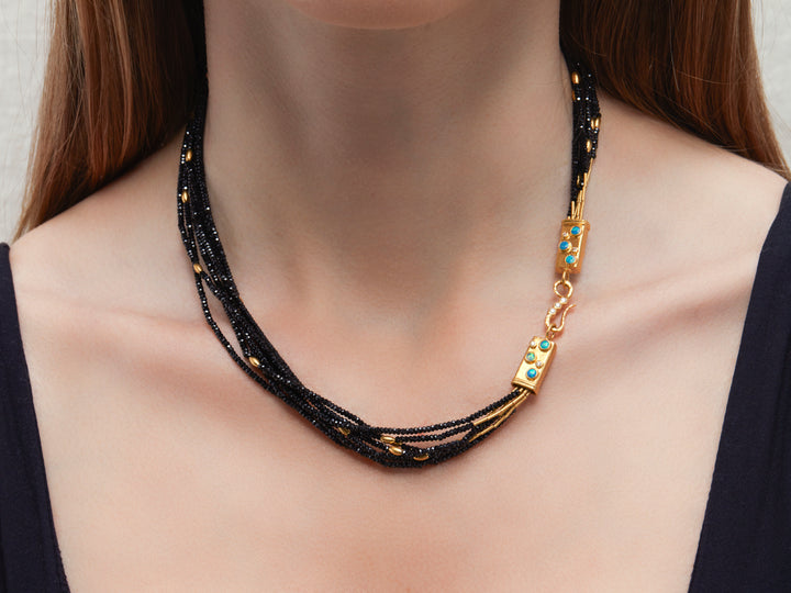 24K Yellow Gold & Black Spinel 7 Strand Necklace