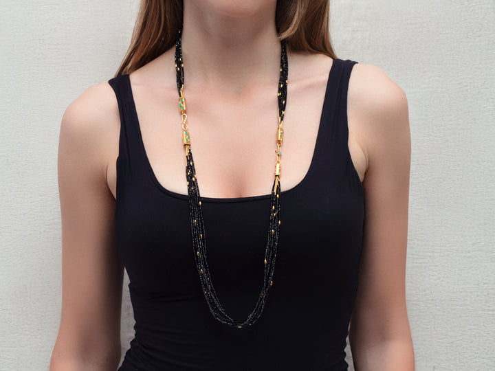 24K Yellow Gold & Black Spinel 7 Strand Necklace