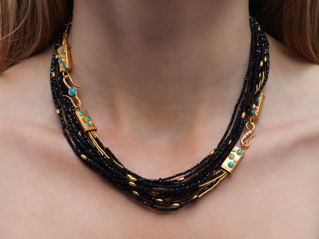 24K Yellow Gold & Black Spinel 7 Strand Necklace