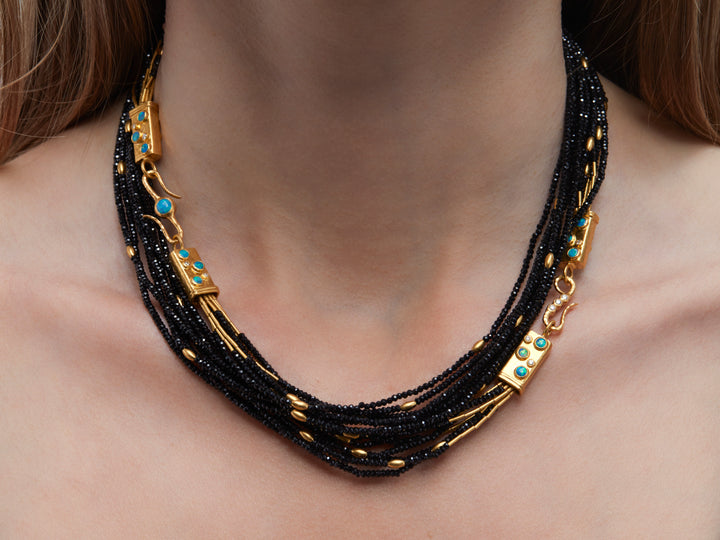 24K Yellow Gold & Black Spinel 7 Strand Necklace