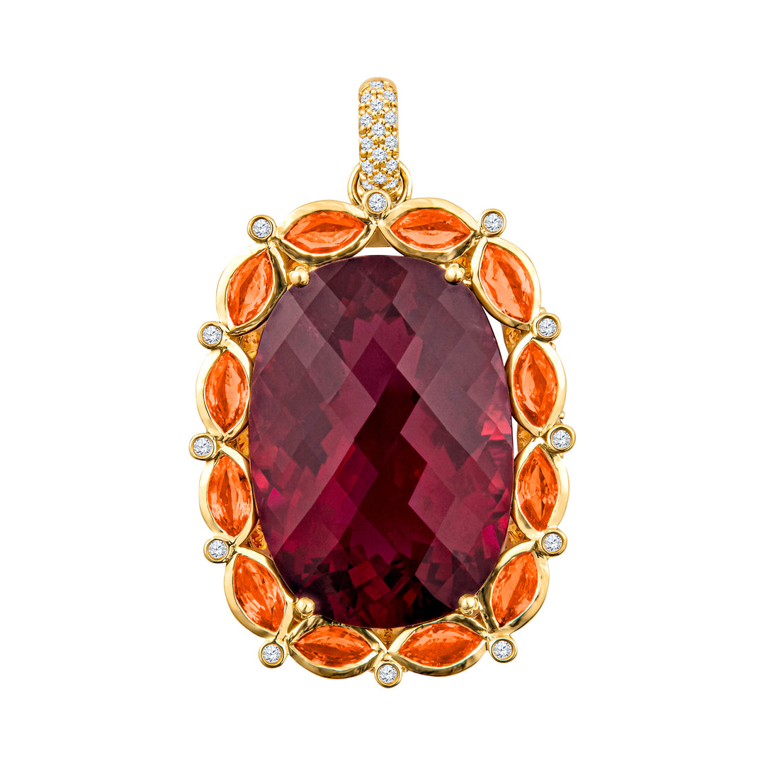 18K Yellow Gold Rubellite and Orange Sapphire Pendant