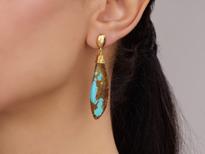 One of a Kind 24K/22K Yellow Gold & Turquoise in The Matrix (39cttw) Drop Earrings