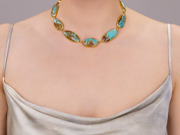 One of a Kind, 24K Yellow Gold &  Cabochon Pilot Mountain Turquoise Necklace.