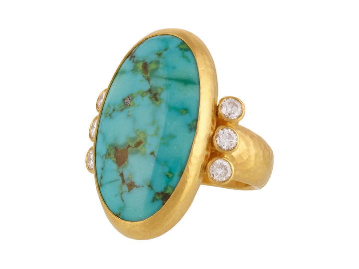 One of a Kind 24K Yellow Gold , Turquoise  and Diamond Ring