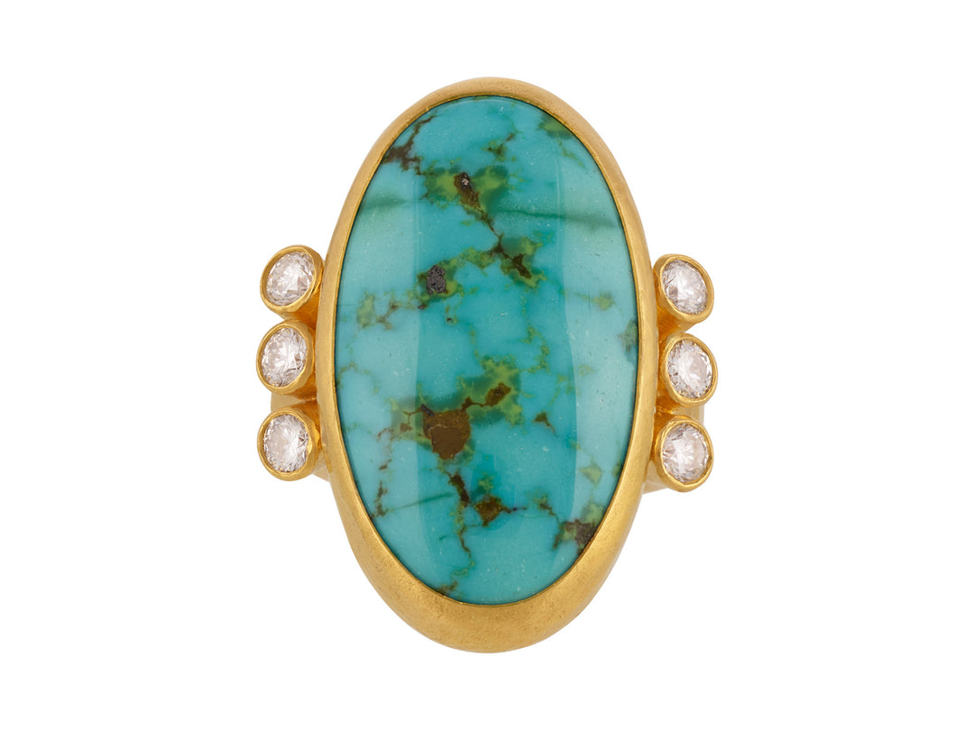 One of a Kind 24K Yellow Gold , Turquoise  and Diamond Ring