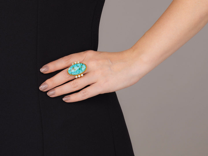 One of a Kind 24K Yellow Gold , Turquoise  and Diamond Ring
