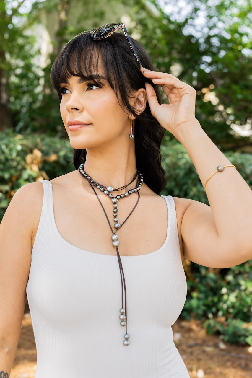 Leather Tahitian Pearl Lariat Mahina Necklace