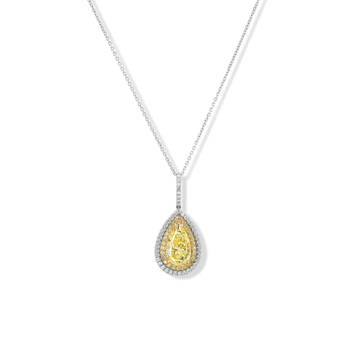 Platinum & 18K Yellow Gold with a 3.03ct Pear Shape Yellow Diamond & White Diamond Pendant Necklace