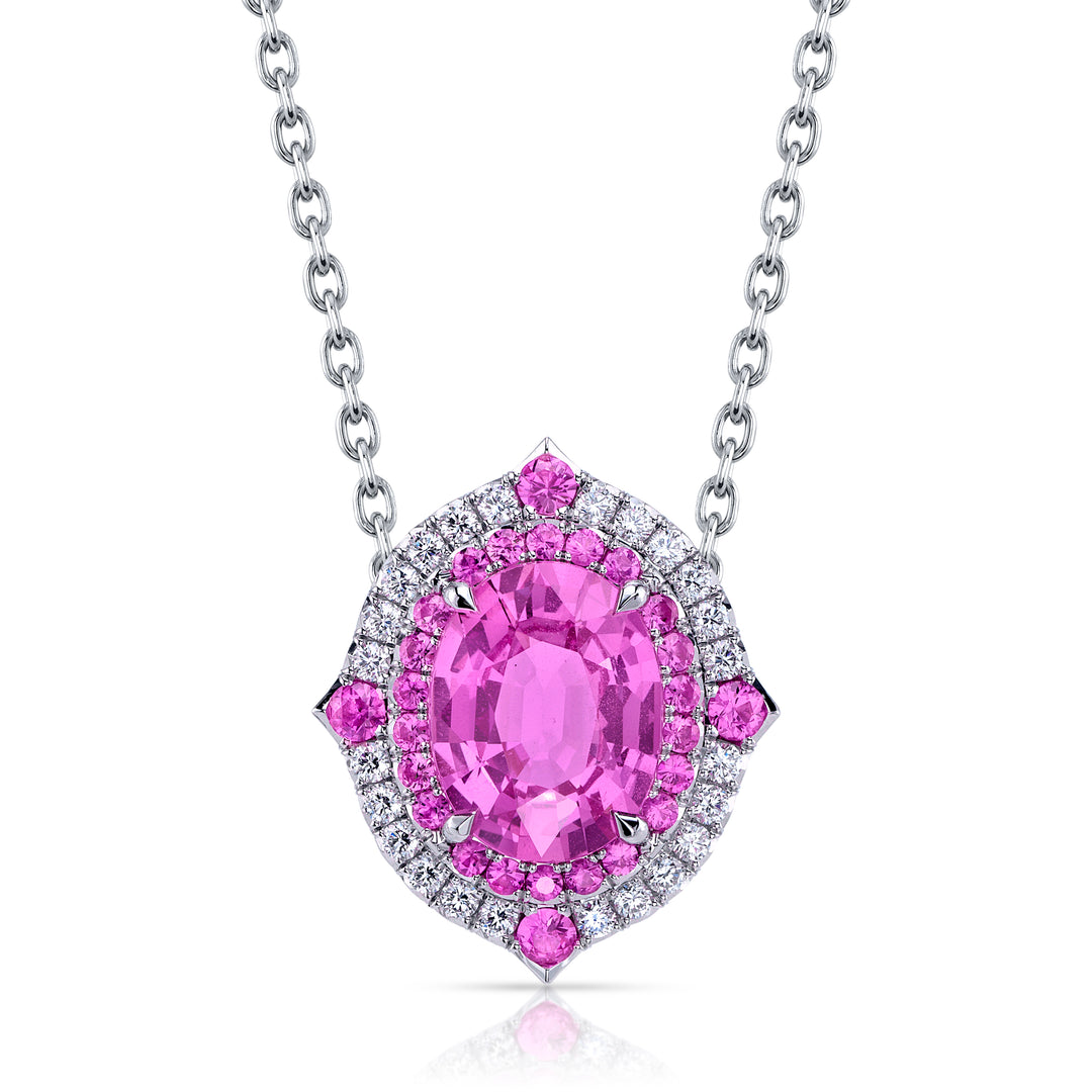 Platinum "Duet" Pendant 18" Necklace with 1.35 carat Oval Pink Sapphire Center, Pink Sapphire & Diamond Halos