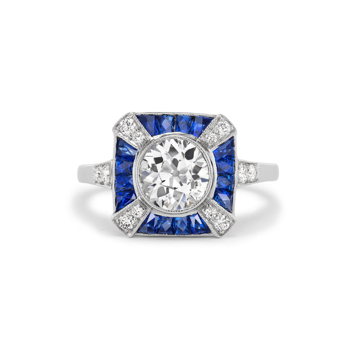 Platinum Ring with Old European Cut Diamond,  Sapphires &  Round Brilliant Cut Diamonds
