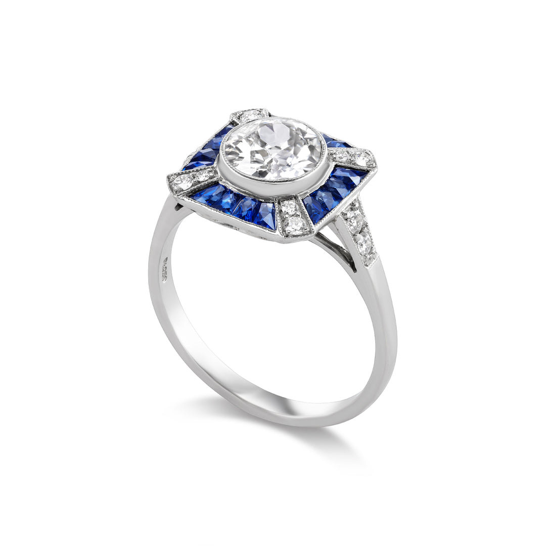 Platinum Ring with Old European Cut Diamond,  Sapphires &  Round Brilliant Cut Diamonds