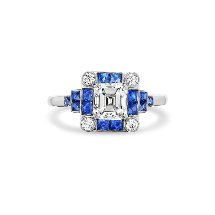 Platinum Ring with Asscher Cut Diamond,  Sapphires & Round Brilliant Cut Diamonds