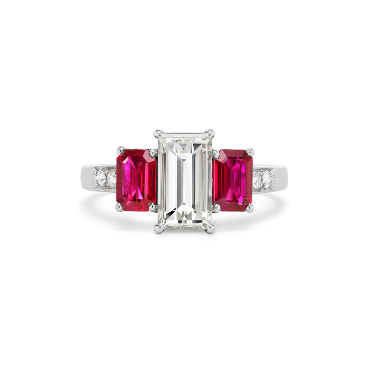 Platinum Ring with Emerald Cut Diamond & Two Emerald Cut Rubies