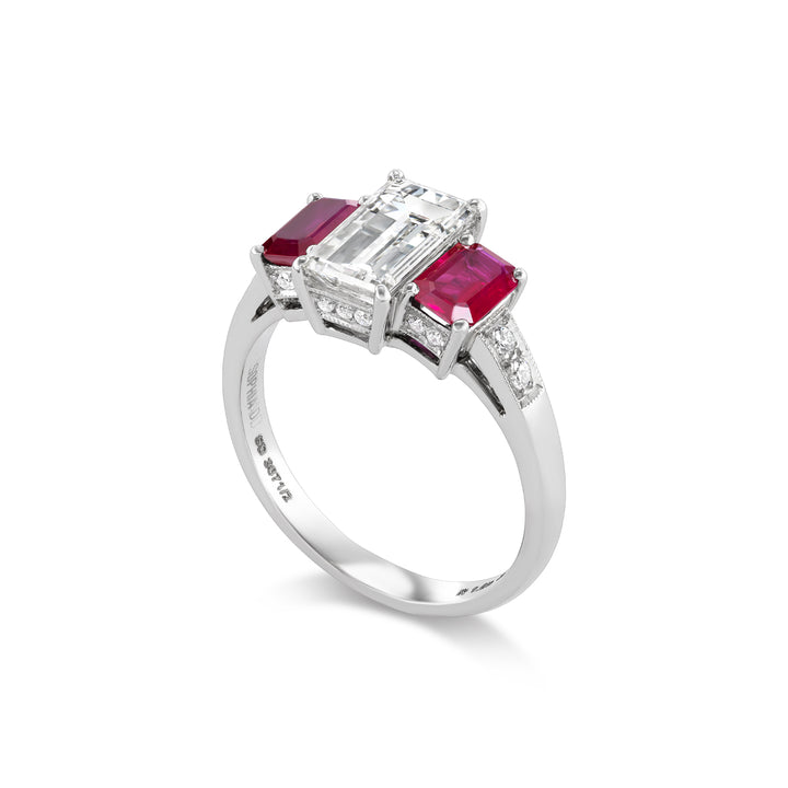 Platinum Ring with Emerald Cut Diamond & Two Emerald Cut Rubies