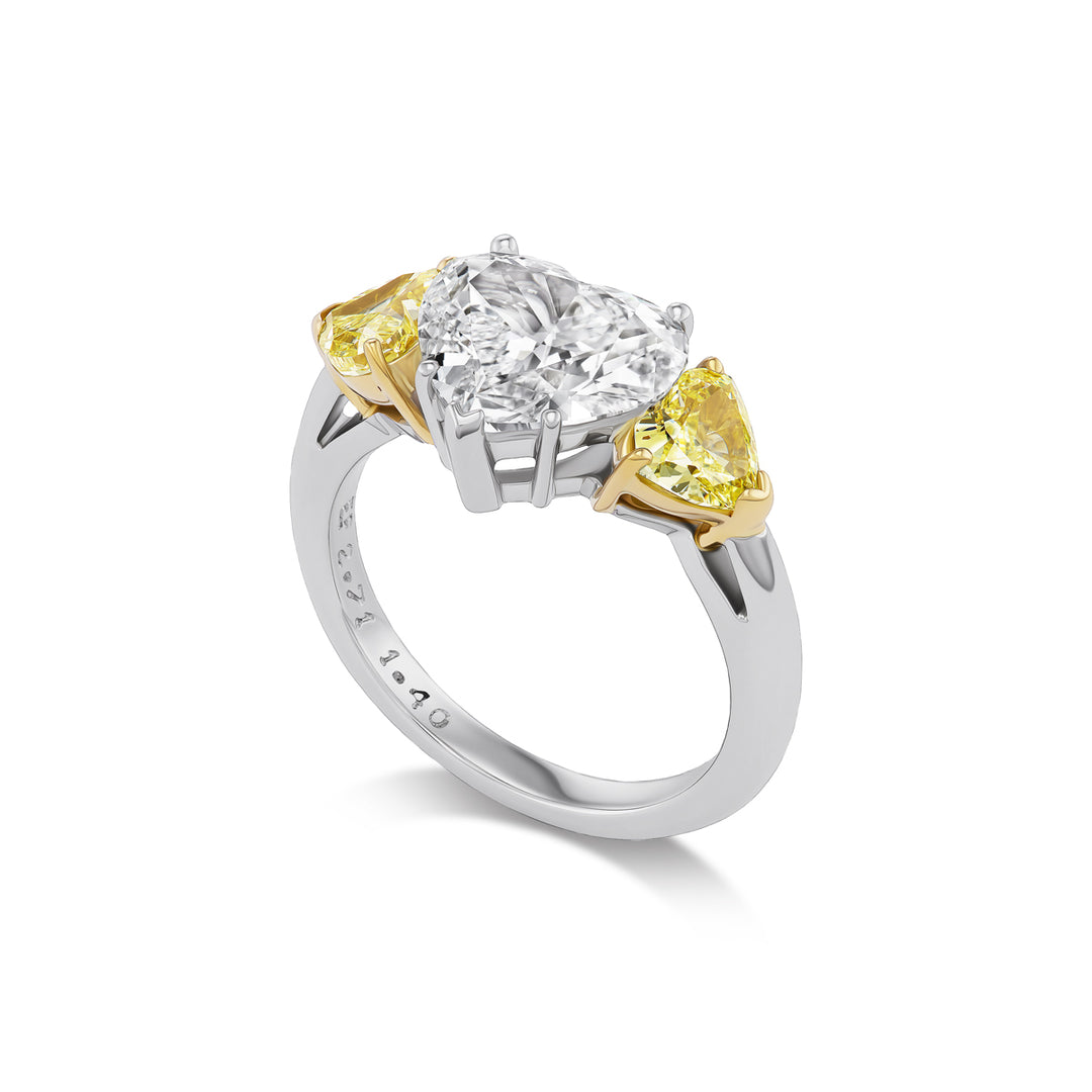 Platinum & 18K Yellow Gold Three Stone Ring with 2.71ct Heart Shaped Natural Diamond Center
