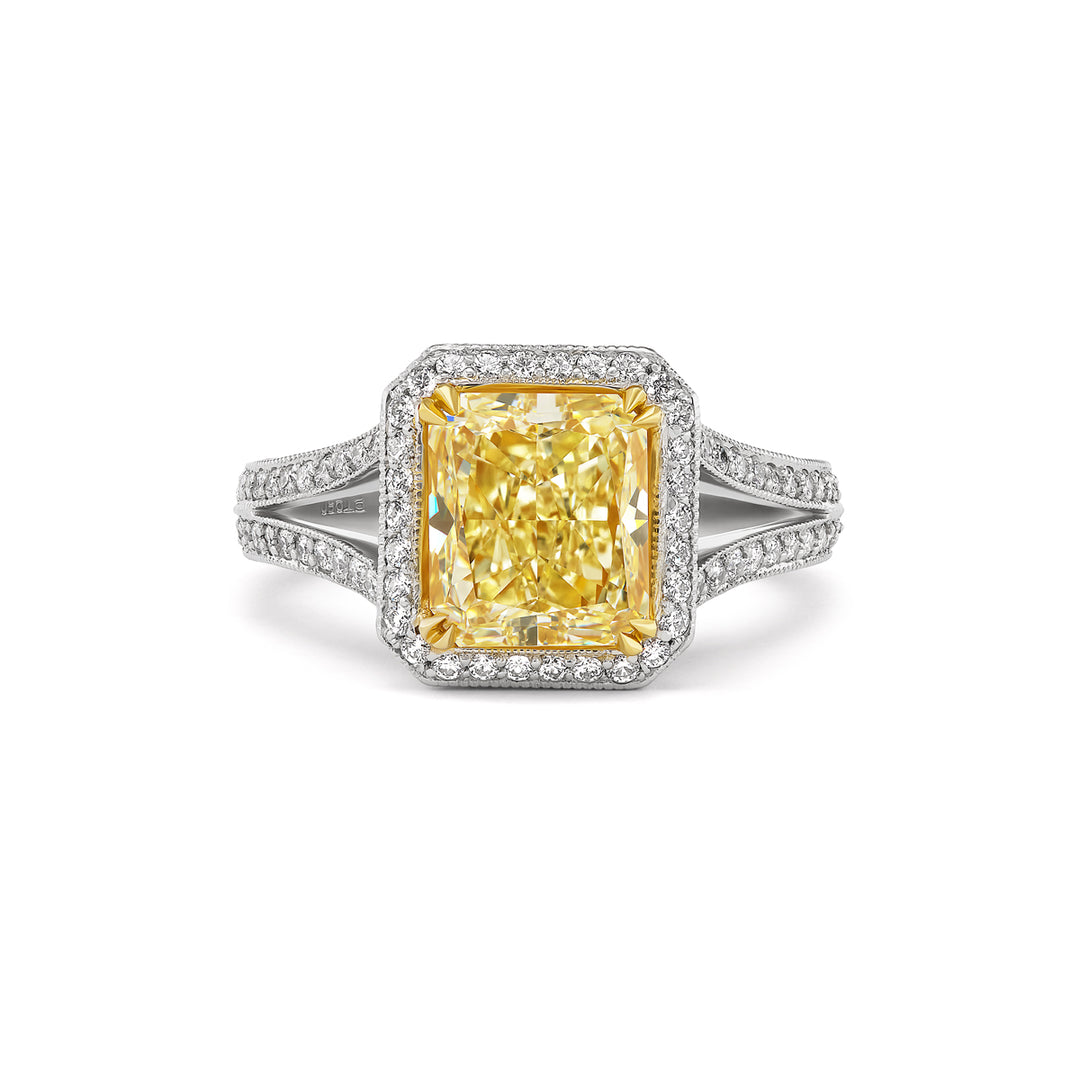 Platinum Ring with 3.04ct Radiant Yellow Diamond set with Round White Diamonds