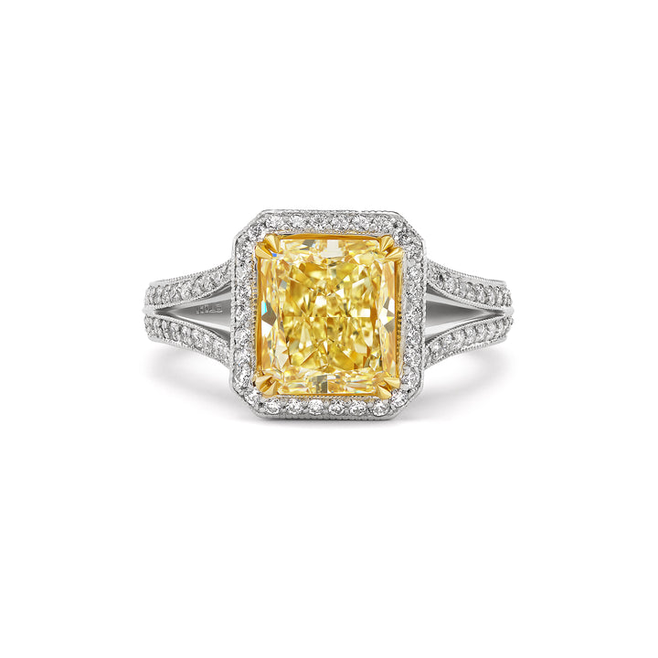 Platinum Ring with 3.04ct Radiant Yellow Diamond set with Round White Diamonds
