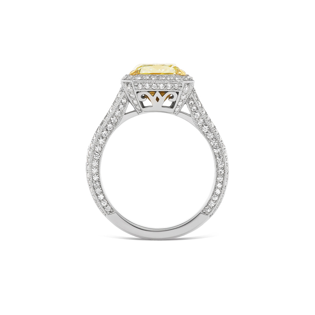 Platinum Ring with 3.04ct Radiant Yellow Diamond set with Round White Diamonds