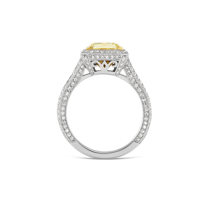 Platinum Ring with 3.04ct Radiant Yellow Diamond set with Round White Diamonds
