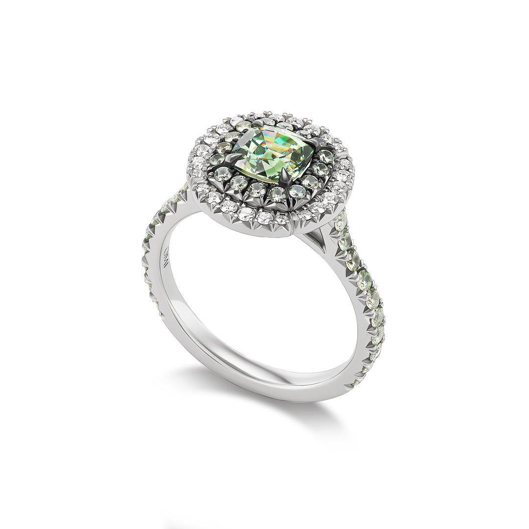 Platinum with Black Rhodium "Duet" Ring with Cushion Shaped Demantoid Garnet,  Demantoid Garnet Halo & Band