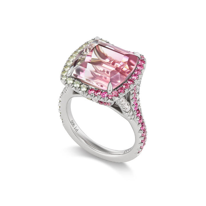 One of a Kind Platinum Ring with a 12.42 carat Emerald Cut Bi-Color Tourmaline, Spinels, Demantoid Garnets & Diamonds