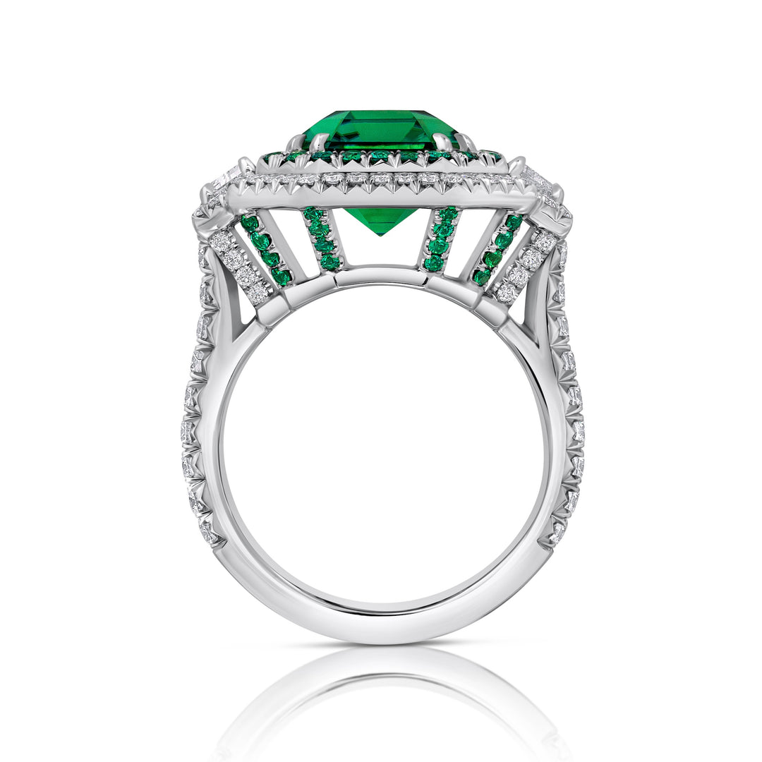 Platinum "Duet" Ring with 6.76 carat Emerald Cut Chrome Tourmaline, Tsavorite Garnets and Diamonds