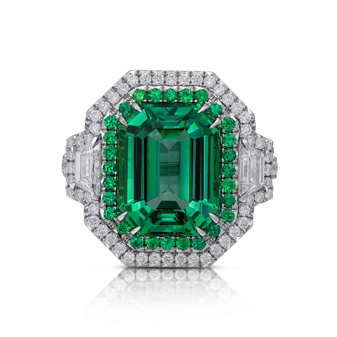 Platinum "Duet" Ring with 6.76 carat Emerald Cut Chrome Tourmaline, Tsavorite Garnets and Diamonds