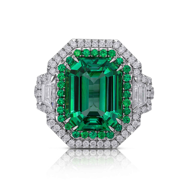 Platinum "Duet" Ring with 6.76 carat Emerald Cut Chrome Tourmaline, Tsavorite Garnets and Diamonds