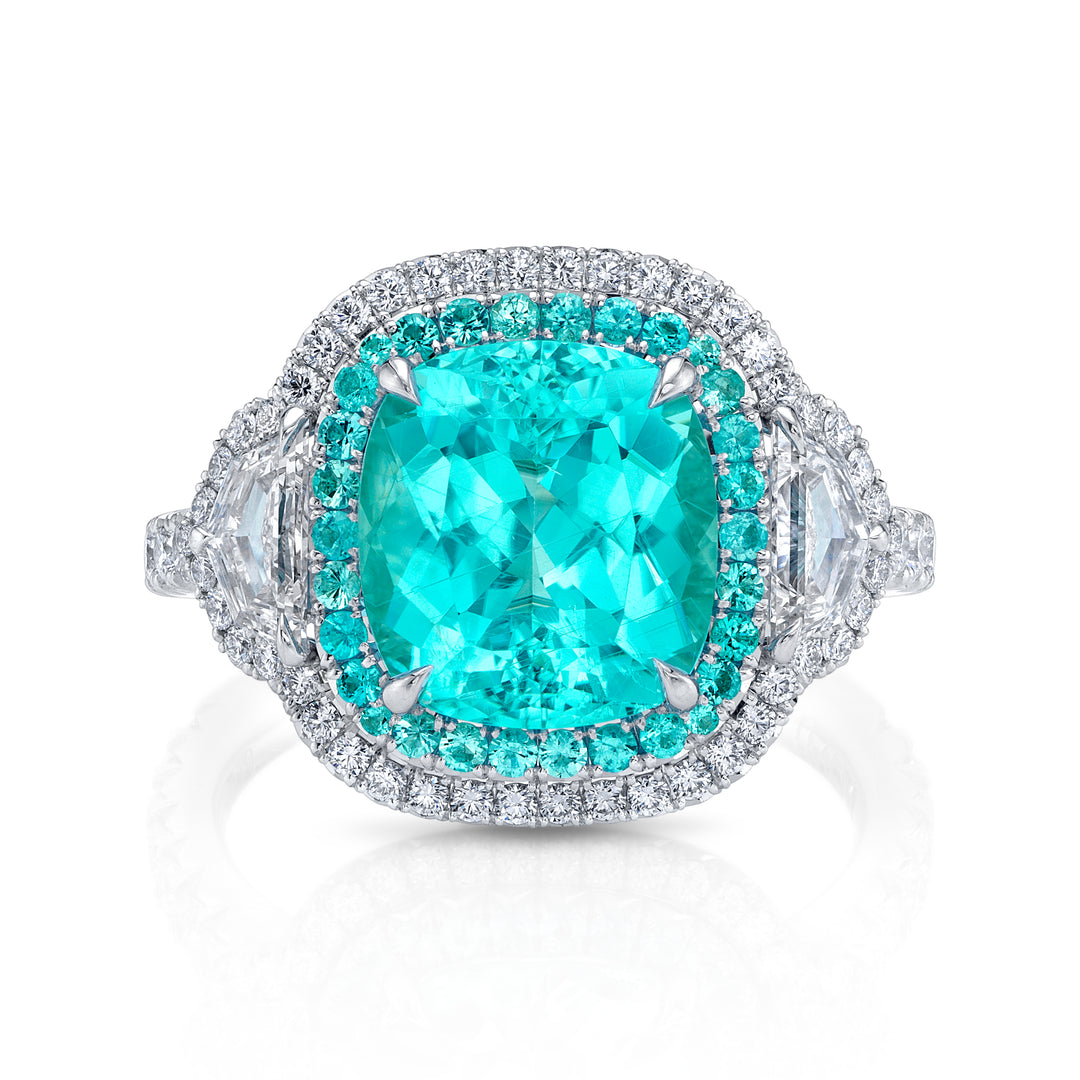 Platinum "Duet" Ring with 4.16 carat Cushion Shaped Paraiba-Type Tourmaline with 2 Diamond Epaulettes