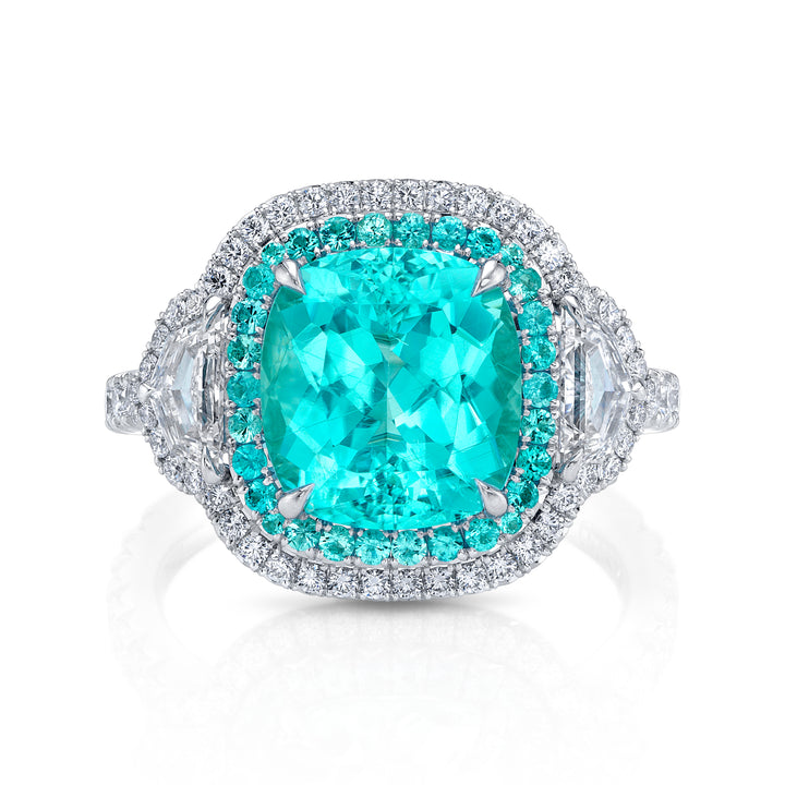 Platinum "Duet" Ring with 4.16 carat Cushion Shaped Paraiba-Type Tourmaline with 2 Diamond Epaulettes